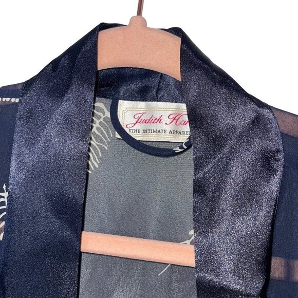 Judith Hart Intimates Robe Size Large Navy Matching Belt Fern Print Sheer - Picture 3 of 10